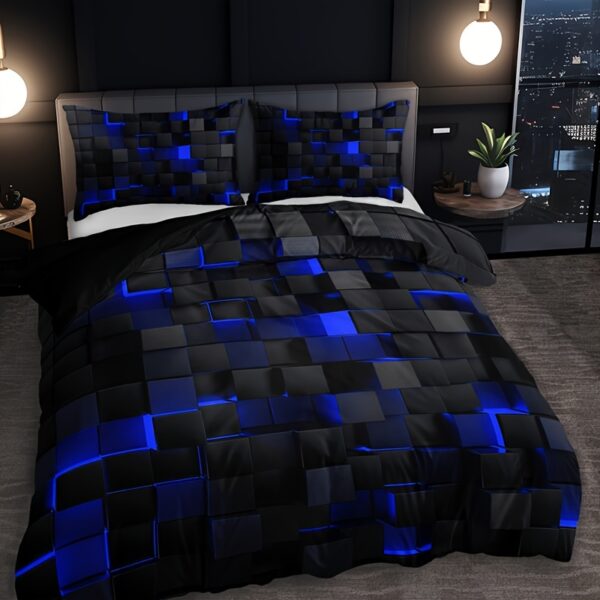 3pcs Tech-Inspired Plaid Duvet Cover Set, Breathable Polyester, All-Season, Digital Print, Machine Washable, Woven Fabric, 90g Square Weight - Bedding Set Without Insert