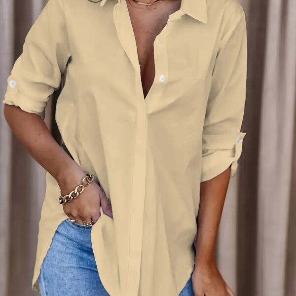 Solid Button Front Shirt, Casual Turn Down Collar Office Work Shirt, Women's Clothing - Image 16