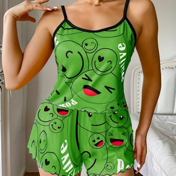 Smiling Face Print Pajama Set, Cute Round Neck Backless Cami Top & Elastic Shorts, Women's Sleepwear - Image 17