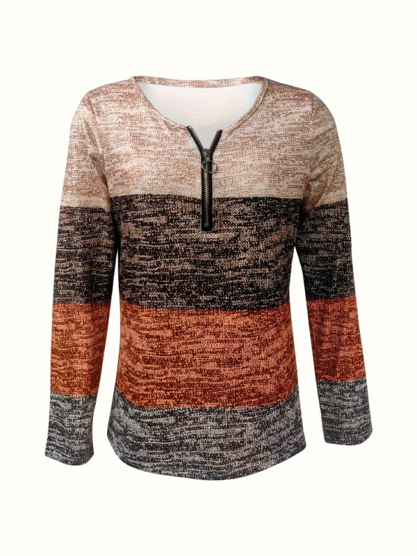 Color Block Quarter Zip T-Shirt, Casual Long Sleeve T-Shirt For Spring & Fall, Women's Clothing - Image 2