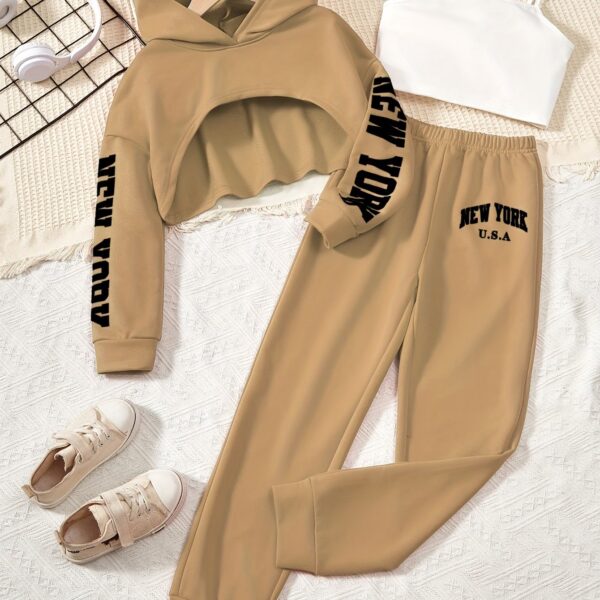 3pcs Girl's Crop Hoodie & Cami Top & Sweatpants Set, NEW YORK Print, Long Sleeve, Casual, Trendy Outfit for Spring Fall Winter - Image 17