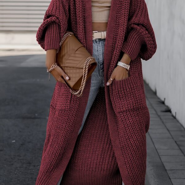 Solid Open Front Pocket Cardigan, Casual Long Sleeve Long Length Sweater For Fall & Winter, Women's Clothing - Image 17
