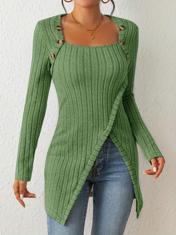 Square Neck Slim Fit Knit Button Decor Slit Hem Slim Fit Casual Long Sleeve T-shirt - Image 7