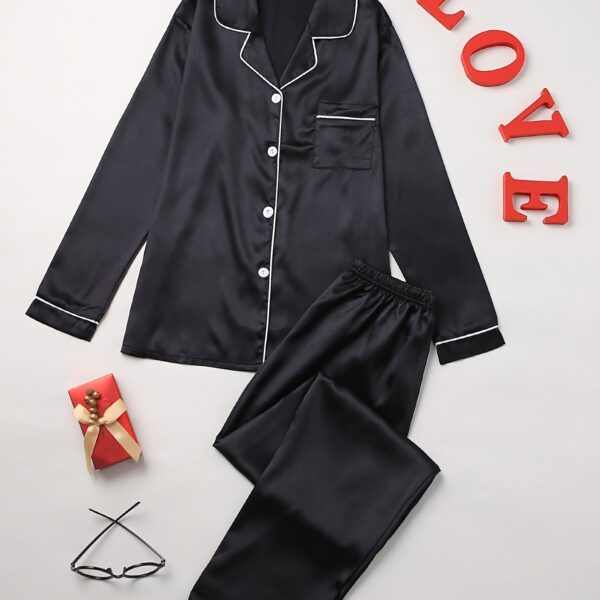 Solid Pajama Set, Long Sleeve Button Up Lapel Top & Pants Pj Set, Women's Sleepwear & Loungewear - Image 14