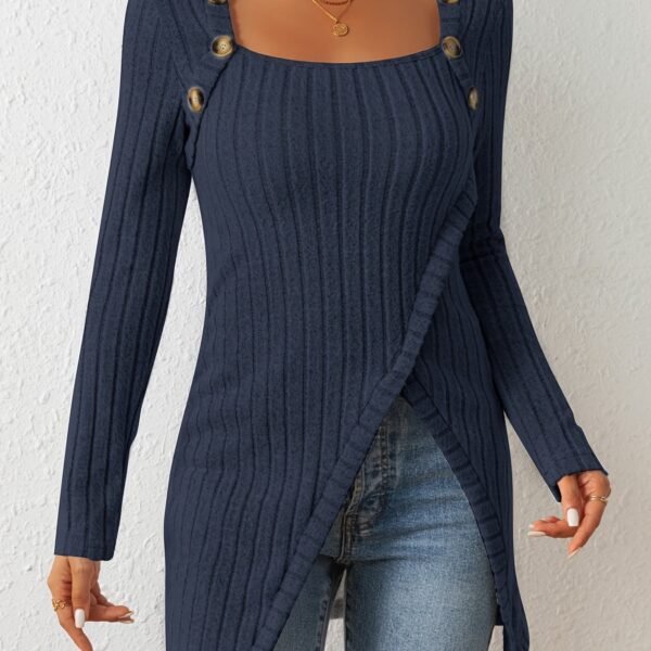 Square Neck Slim Fit Knit Button Decor Slit Hem Slim Fit Casual Long Sleeve T-shirt - Image 20