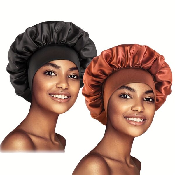 2pcs/set Solid Color Satin Bonnet Classic Elastic Sleeping Night Cap Soft Bath Shower Cap Imitation Silk Elastic Hair Bonnets For Women - Image 20