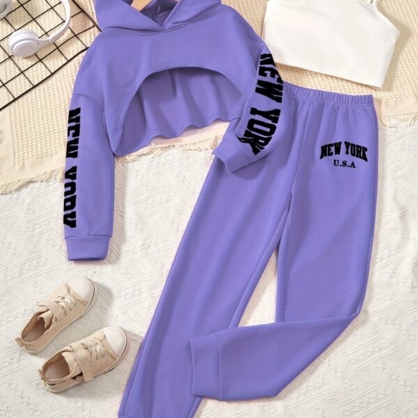3pcs Girl's Crop Hoodie & Cami Top & Sweatpants Set, NEW YORK Print, Long Sleeve, Casual, Trendy Outfit for Spring Fall Winter - Image 14