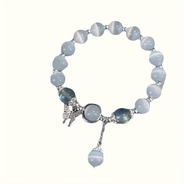 1pc Whimsical Feline Glass Cat Eye Stone Beaded Charm Bracelet - Delicate Butterfly Accent, Dainty Wrist Adornment, Perfect Gift for Cat Lovers and Fashionistas - Image 3