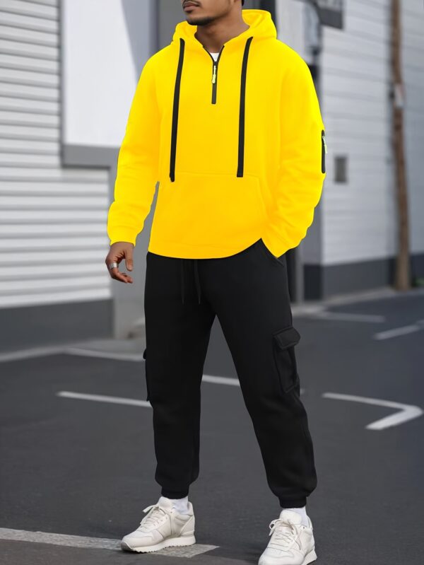 Men's Cozy Solid Color Long Sleeve Hooded Sweatshirt - Soft Casual Wear for Fall/Winter - Kangaroo Pocket, Half-Zip Design, Daily Wear Essential - Image 3