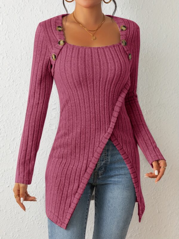 Square Neck Slim Fit Knit Button Decor Slit Hem Slim Fit Casual Long Sleeve T-shirt - Image 3