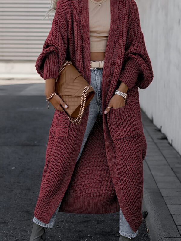 Solid Open Front Pocket Cardigan, Casual Long Sleeve Long Length Sweater For Fall & Winter, Women's Clothing