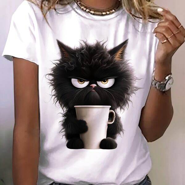 Cat Print T-shirt, Casual Short Sleeve Crew Neck Top For Spring & Summer, Women's Clothing - Image 10