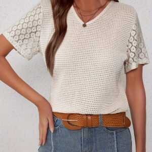 Feminine Chic Contrast Lace T-Shirt with Intricate Hollow Out - Short Sleeve V-Neck for Spring & Summer - Breathable Casual Wear for Women