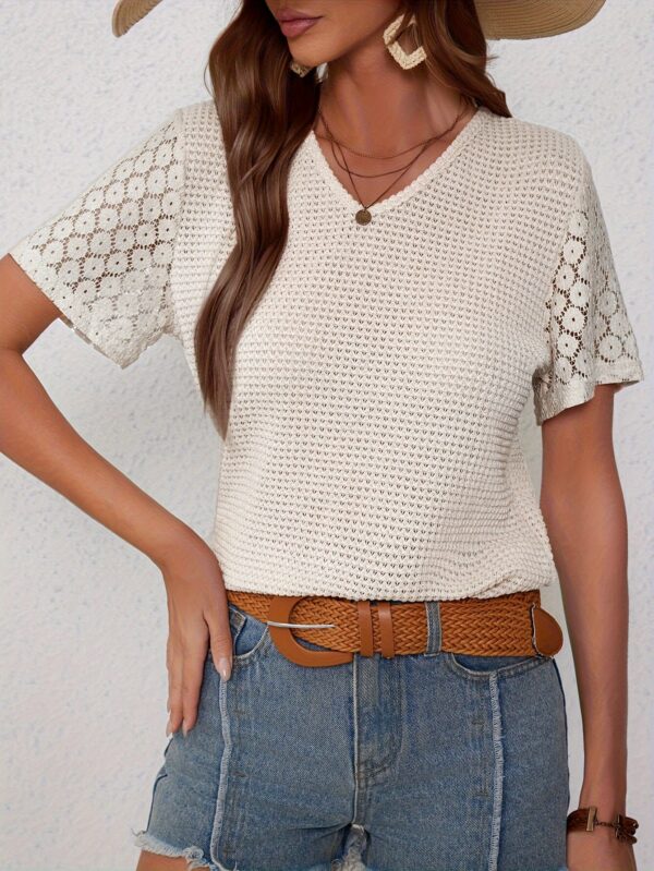 Feminine Chic Contrast Lace T-Shirt with Intricate Hollow Out - Short Sleeve V-Neck for Spring & Summer - Breathable Casual Wear for Women