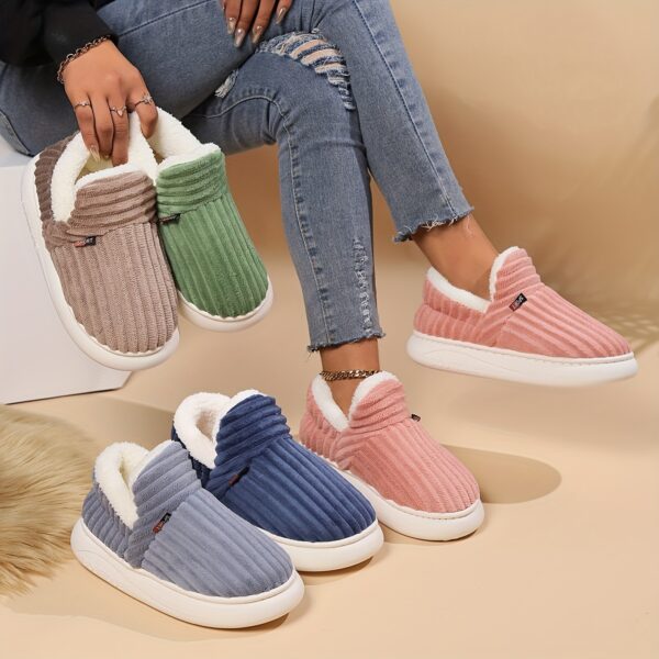 Cozy Winter Plush-Lined Slipper Boots for Women - Thick Sole, Indoor/Outdoor Warmth, Soft Fabric, Available in Gray, Pink, Green, Blue, Brown with EVA Sole, Hand Washable