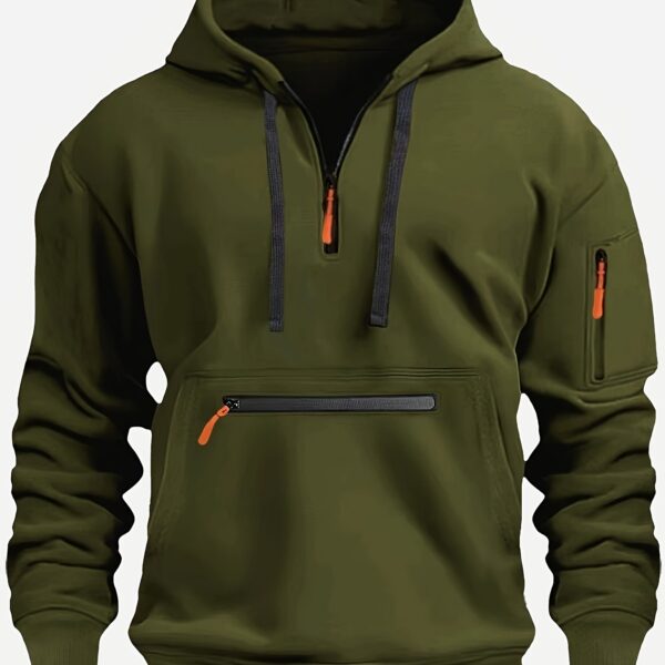 Men's Cozy Solid Color Long Sleeve Hooded Sweatshirt - Soft Casual Wear for Fall/Winter - Kangaroo Pocket, Half-Zip Design, Daily Wear Essential - Image 21