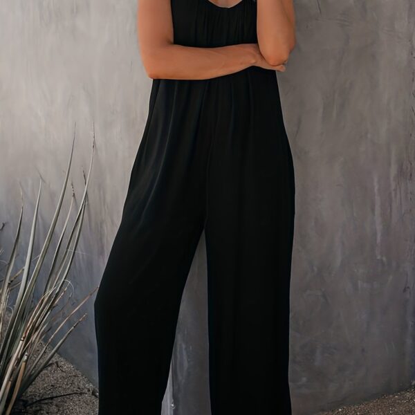 Women'S Light Blue Sleeveless Jumpsuit with Pockets - Casual Polyester Knit Fabric, V-Neck, Summer 2023, Beach Coverup, Beach Coverup Jumpsuit | Casual Style Jumpsuit | Knit Construction - Image 11