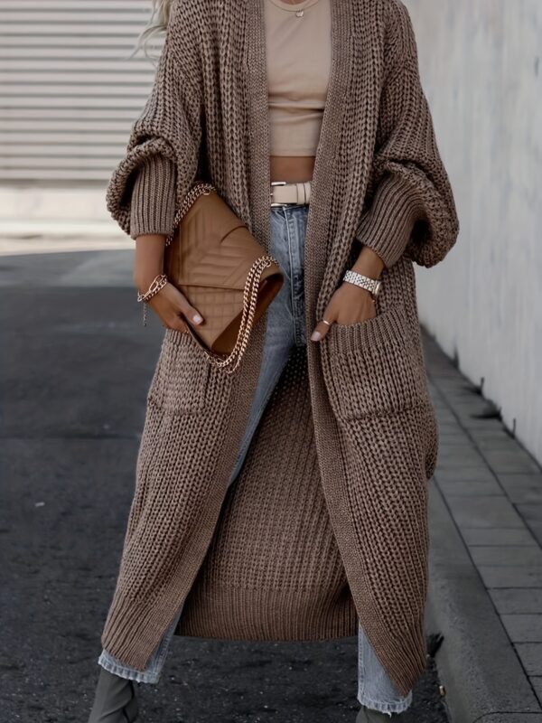 Solid Open Front Pocket Cardigan, Casual Long Sleeve Long Length Sweater For Fall & Winter, Women's Clothing - Image 8
