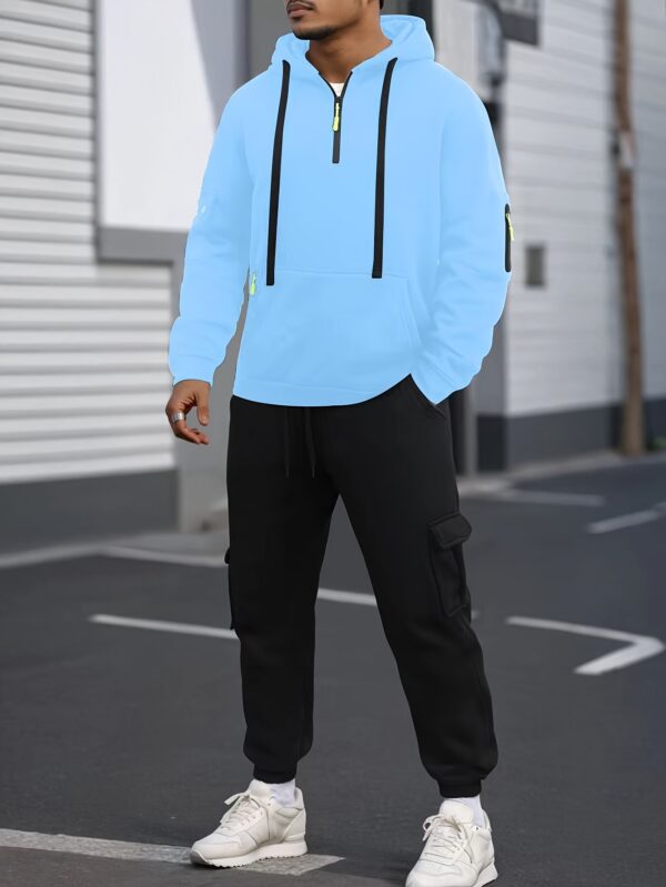 Men's Cozy Solid Color Long Sleeve Hooded Sweatshirt - Soft Casual Wear for Fall/Winter - Kangaroo Pocket, Half-Zip Design, Daily Wear Essential - Image 7