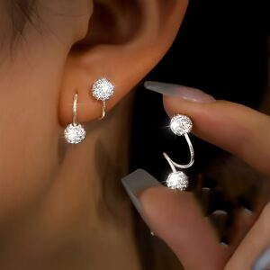 Pair of Luxury Spiral Rod Ball Stud Earrings with Rhinestone Inlay, Stainless Steel & 925 Silvery Posts, Ideal for Daily Wear & Gift-Giving on Special Occasions