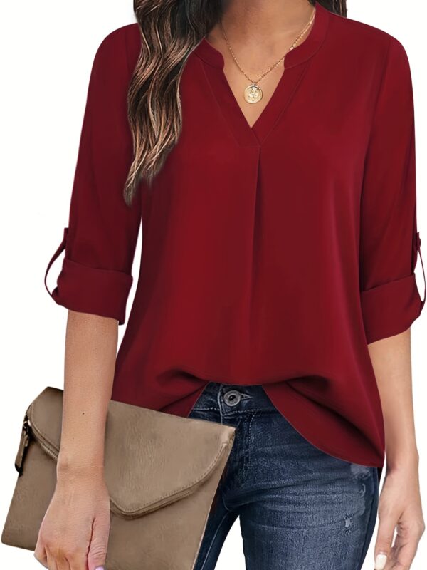 Chic Solid V-Neck Blouse - Fashionable simplicity for Women - Relaxed Casual Long Sleeve Style