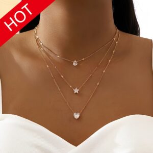 Crystal Zirconia Heart Star Charm Layered Pendant Necklace Set For Women Rhinestone Modern Design Jewelry for eid, ramadan