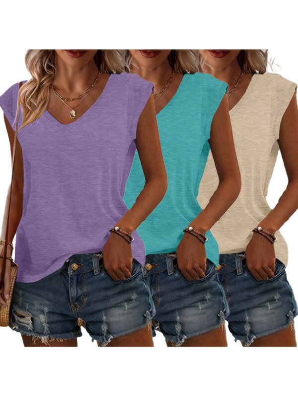 3pcs Women's Casual V-Neck Short Sleeve T-Shirts - Lightweight Summer Tops in Pink, Blue, Grey | Breathable Solid Color Tees for Casual Attire, Relaxed Fit Clothing, Versatile Fashion, Soft Texture, Warm Weather Outfits, Simple Design, Comfortable Materia - Image 9