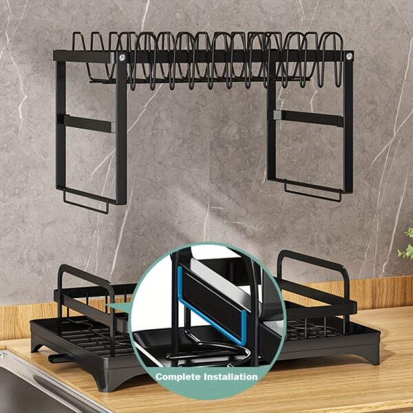 1pc Dish Drying Rack for Kitchen Counter Over The Sink, Detachable Larger Capacity 2-Tier Dish Drying Rack Drainboard with Double-Layer Bowl Rack, Cup Rack, Drain Board, Sticky Board Rack, Cutlery Rack, Black & White - Image 10
