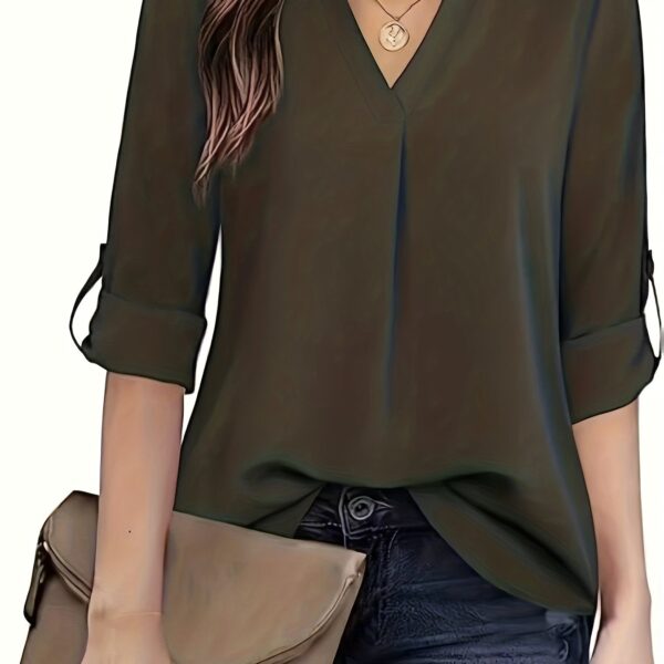 Chic Solid V-Neck Blouse - Fashionable simplicity for Women - Relaxed Casual Long Sleeve Style - Image 15