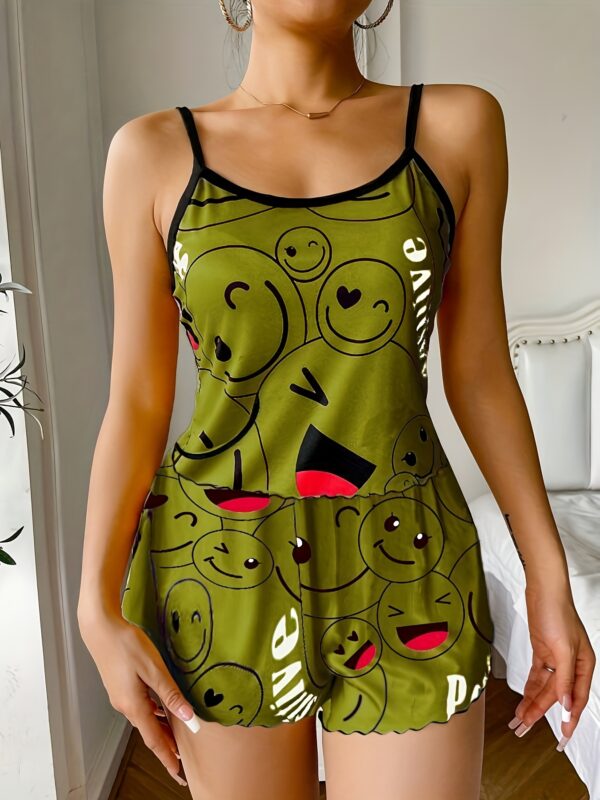 Smiling Face Print Pajama Set, Cute Round Neck Backless Cami Top & Elastic Shorts, Women's Sleepwear - Image 9