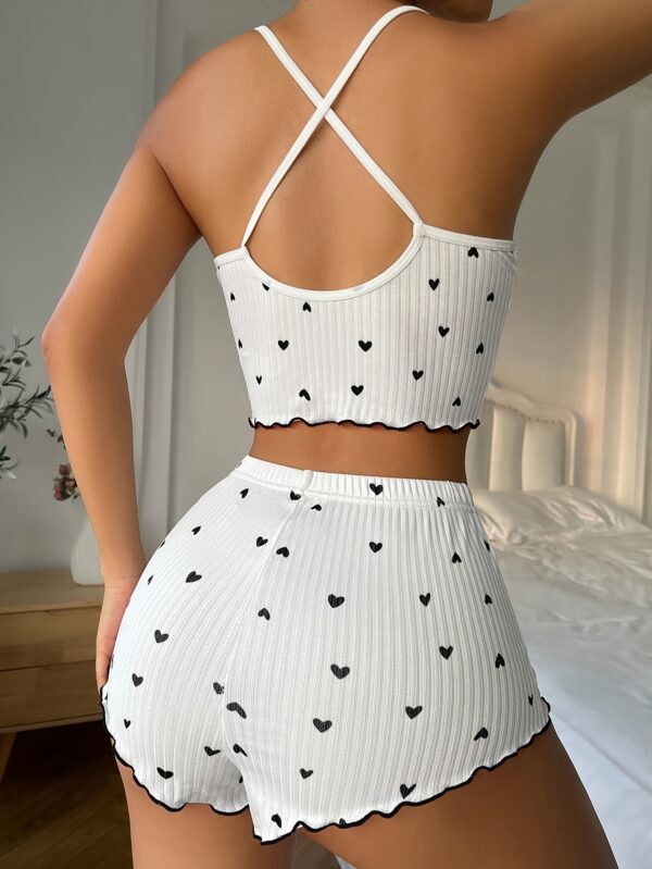 Women's Heart Print Frill Trim Sexy Ribbed Pajama Set, Bow Decor Notched Neck Backless Crop Cami Top & Shorts, Comfortable Relaxed Fit, Summer Nightwear - Image 9