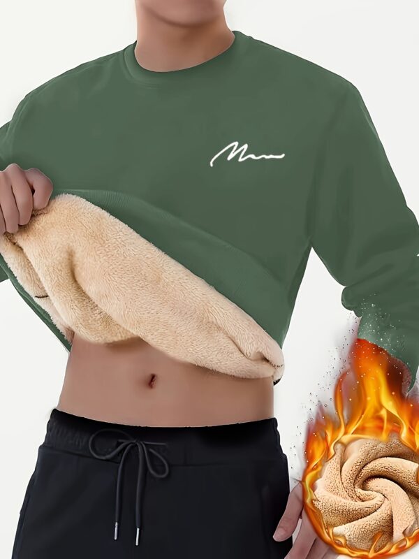 Men's Winter Warm Fleece-Lined Crew Neck Sweatshirt - Casual Black Long Sleeve with "MOM" Embroidery, Machine Washable, Cozy Polyester Fabric - Image 4