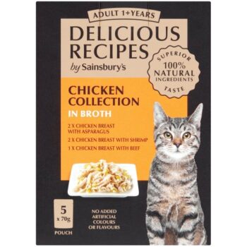 Sainsbury's Delicious Recipes Chicken Collection in Broth 1+ Years Adult Cat Food (5 x 70g)