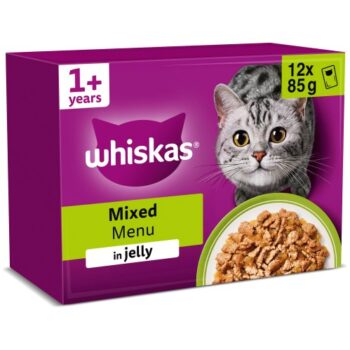 Whiskas 1+ Adult Wet Cat Food Pouches Mixed Menu in Jelly (12 x 85g)