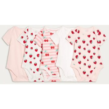 F&F Baby 5-Pack Pure Cotton Fruit Print Short Sleeved Bodysuits in Pink
