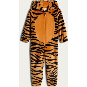 F&F Boys Fleece Tiger Print Zip Up Hooded Onesie in Orange