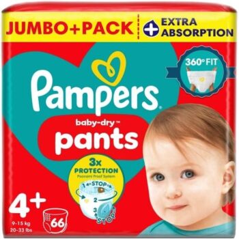 Pampers Baby-Dry Nappy Pants Size 4+ 66 Nappies 9kg-15kg Jumbo+ Pack (66)
