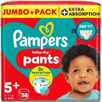 Pampers Baby-Dry Nappy Pants Size 5+ 58 Nappies 11kg-17kg Jumbo+ Pack (58)