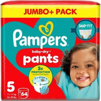 Pampers Baby-Dry Nappy Pants Size 5 Jumbo+ Pack (64 x 12kg, 17kg)