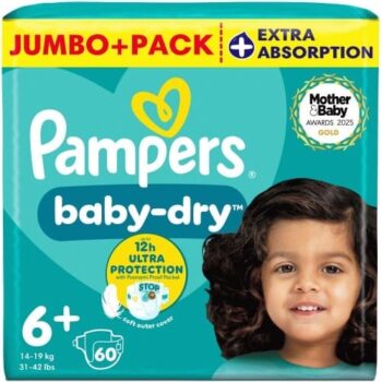 Pampers Baby-Dry Size 6+ 60 Nappies 14kg-19kg Jumbo+ Pack (60)