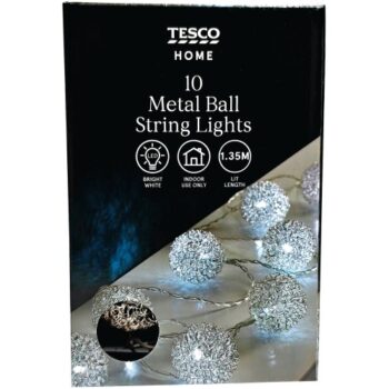 Tesco 10 Bright White Metal Ball String LED Christmas Lights