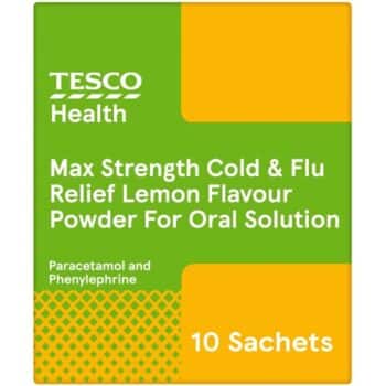 Tesco Health Max Strength Cold & Flu Relief Powder Sachets Lemon Paracetamol (10)
