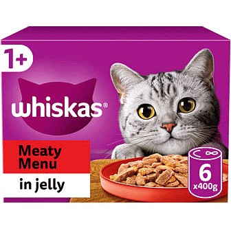 Whiskas 1+ Meaty Menu Adult Wet Cat Food Tins in Jelly Cat Pouches Mixed Menu (6 x 400g)
