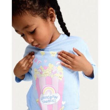 F&F Girls Pure Cotton Unicorn Snacks Long Sleeved Top in Blue