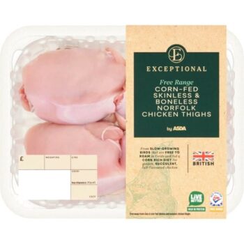 Exceptional by ASDA Free Range Corn-Fed Skinless & Boneless Norfolk Chicken Thighs (Typically 0.36KG)
