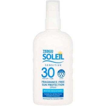 Tesco Soleil Sensitive Fragrance-Free Sun Protection Spray SPF30 200ml.