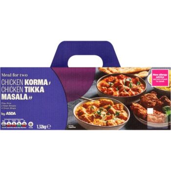 ASDA Meal For Two Chicken Korma Chicken Tikka Masala Pilau Rice 2 Naan Breads 4 Onion Bhajis