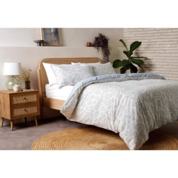 F&F Home Blue Washed Cotton Block Floral Duvet Set Double