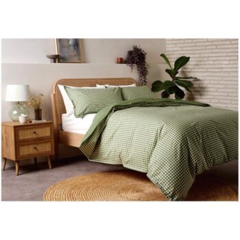 F&F Home Washed Cotton Green Gingham Duvet Set Double