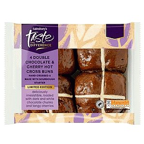 Sainsbury's 4 Double Chocolate & Cherry Hot Cross Buns Limited Edition Taste the Difference (260g)